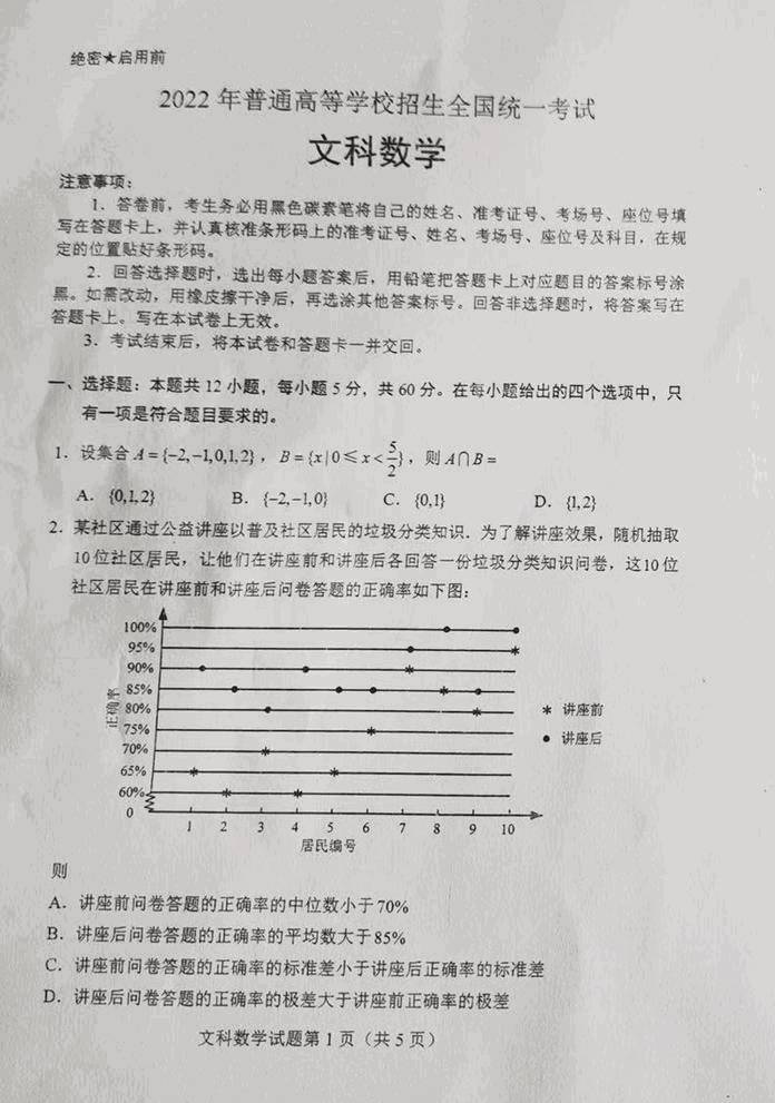 2022年全國甲卷高考數學(文科)試卷及答案解析