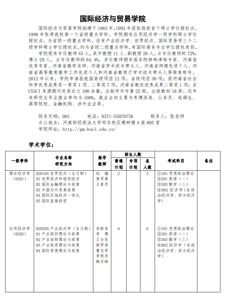 河南財經政法大學2024碩士研究生招生專業目錄及考試科目