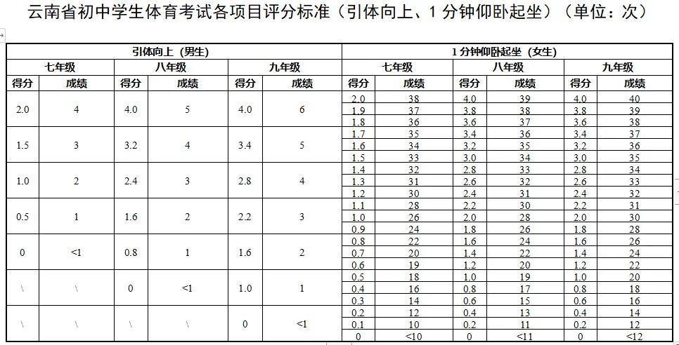 2025年云南省中考體育考試項目及評分標準(最新)